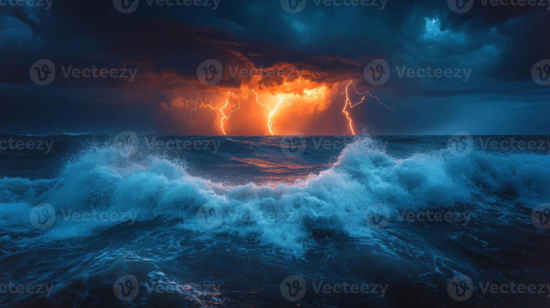 Tumultuous ocean waves crash against each other as lightning bolts illuminate the dark sky during a powerful storm at twilight, creating a stunning natural display. photo