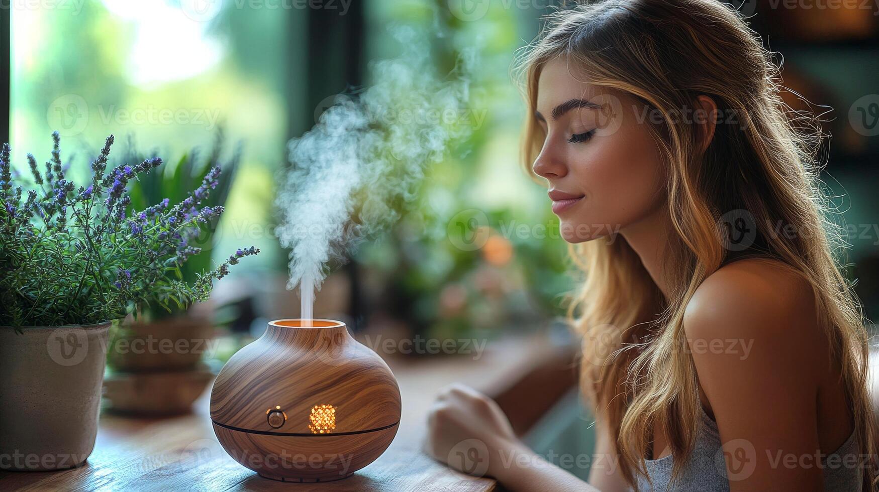 A young woman engages in aromatherapy, inhaling the soothing scents from a wooden diffuser in a cozy, well-lit room adorned with green plants. photo