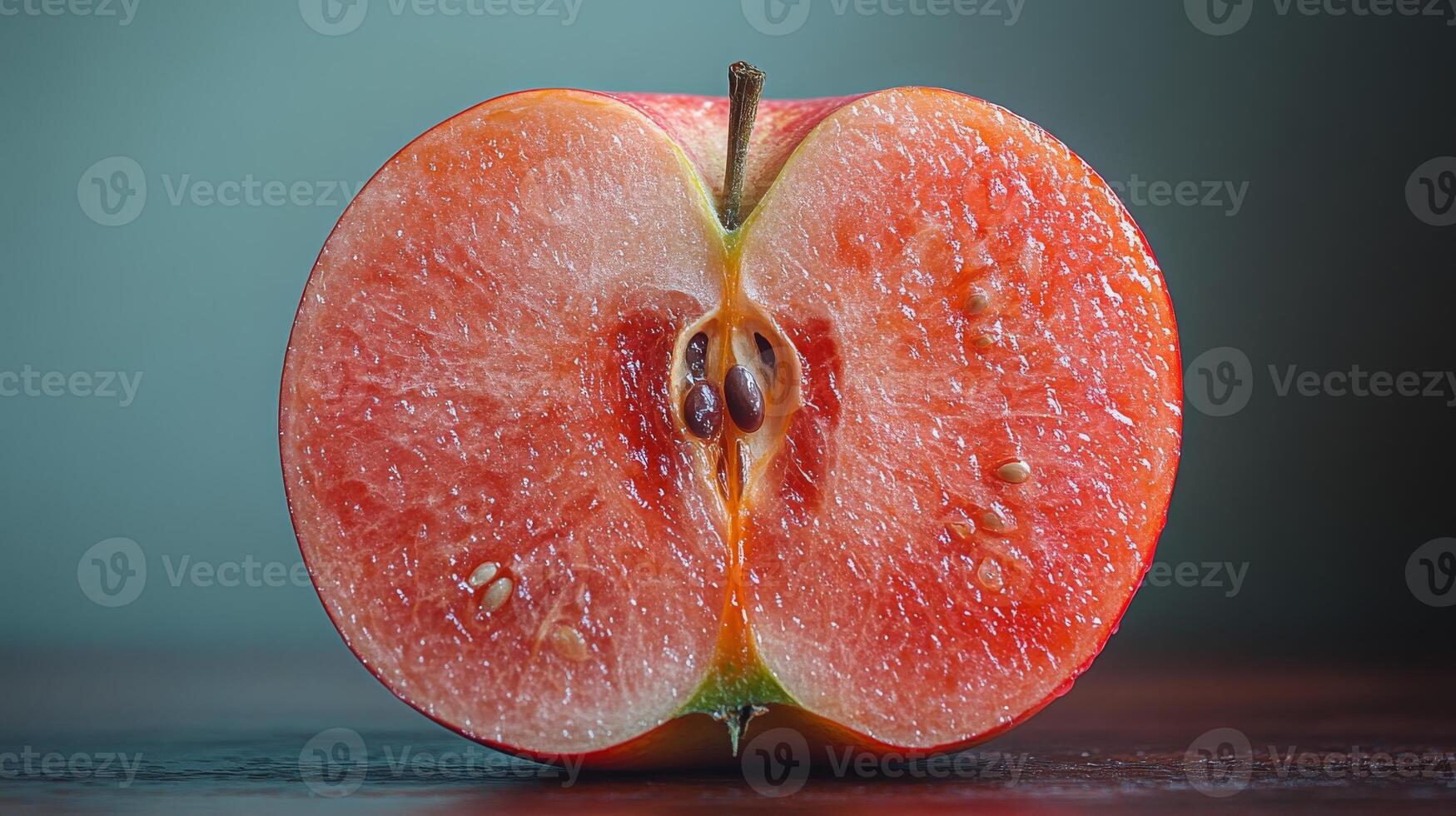 This striking fruit hybrid blends the juicy texture of watermelon with the crispness of an apple, featuring vibrant colors and intricate seed patterns. photo