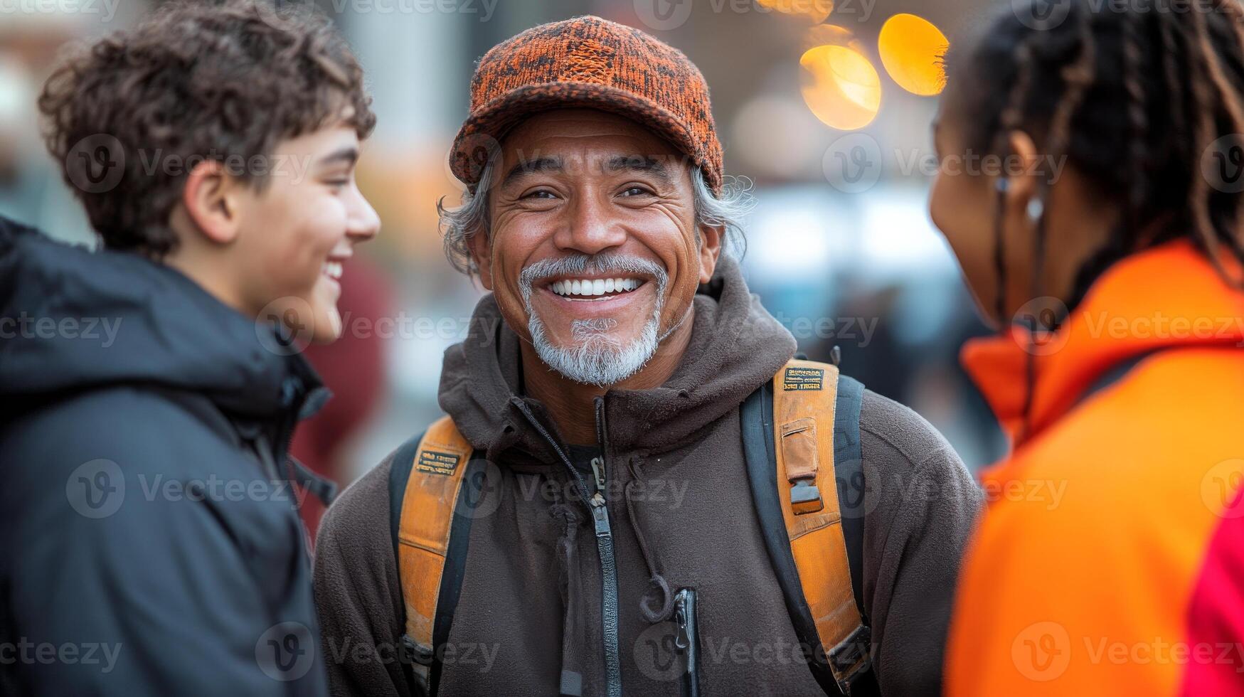 A group of friends laughs together in a lively city setting during the evening, highlighting connection and happiness. photo