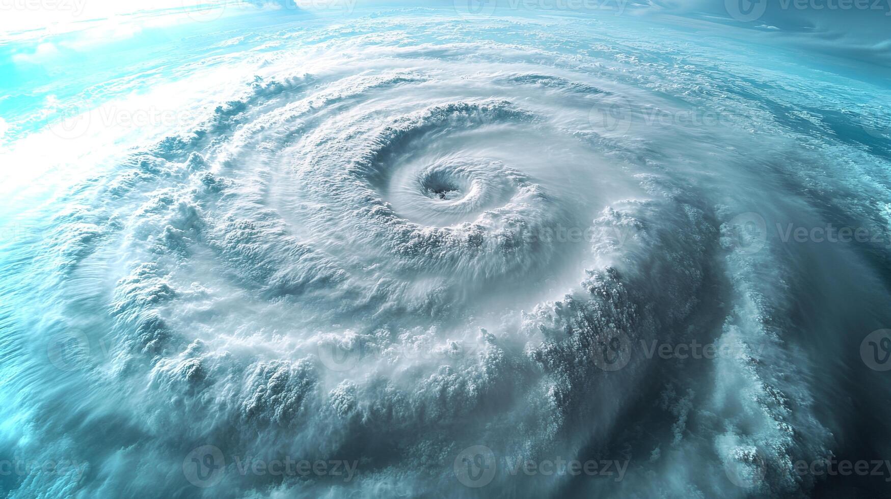 A vast hurricane is visible from a satellite perspective, showcasing its dramatic spiral formation and dense cloud coverage as it moves over the ocean. photo