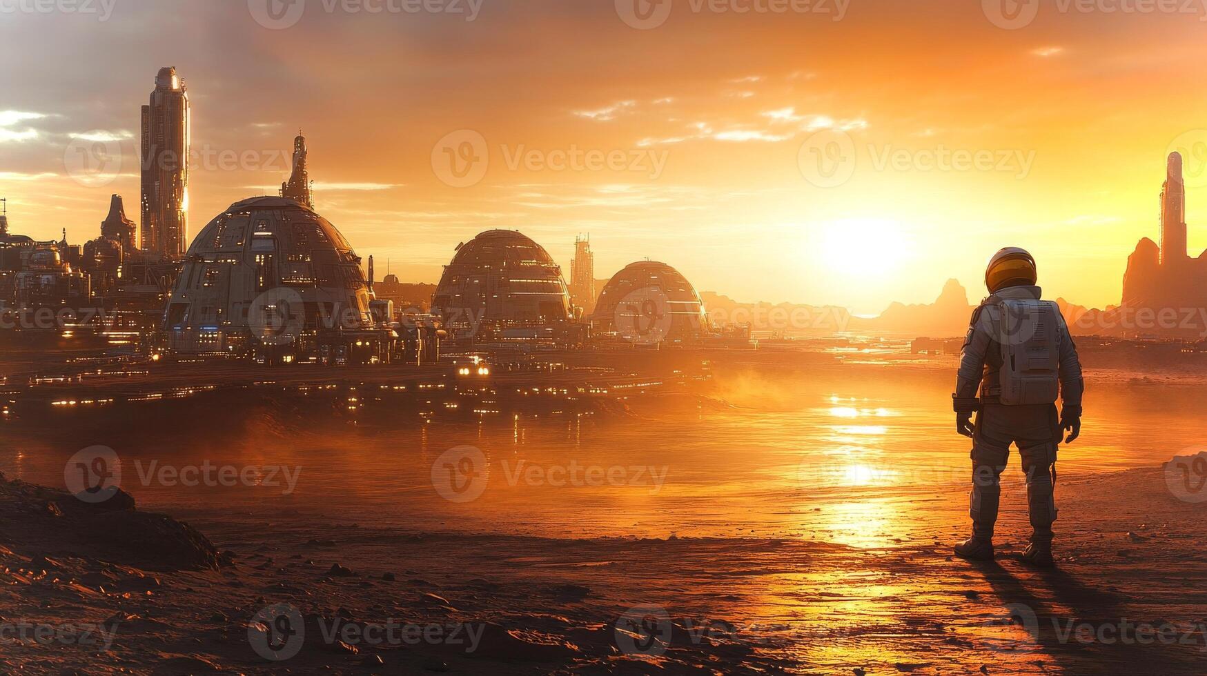 A stunning Martian sunrise illuminates a landscape of futuristic domed structures while an astronaut observes the breathtaking scene. photo
