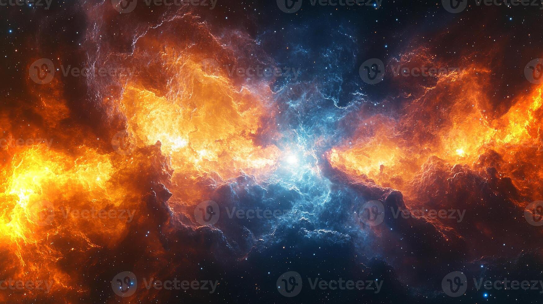 Bright colors burst from the remnants of a supernova, showcasing fiery orange and deep blue nebulae in a captivating cosmic expanse filled with stars. photo