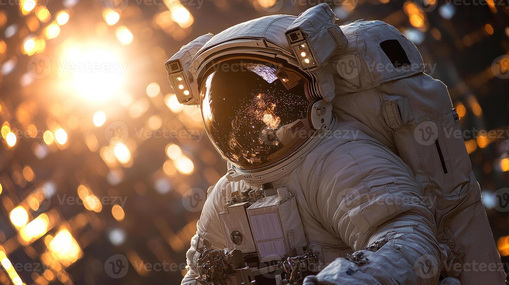 An astronaut approaches the grandeur of outer space illuminated by shimmering celestial bodies, showcasing the vastness of the universe on an extraordinary mission. photo