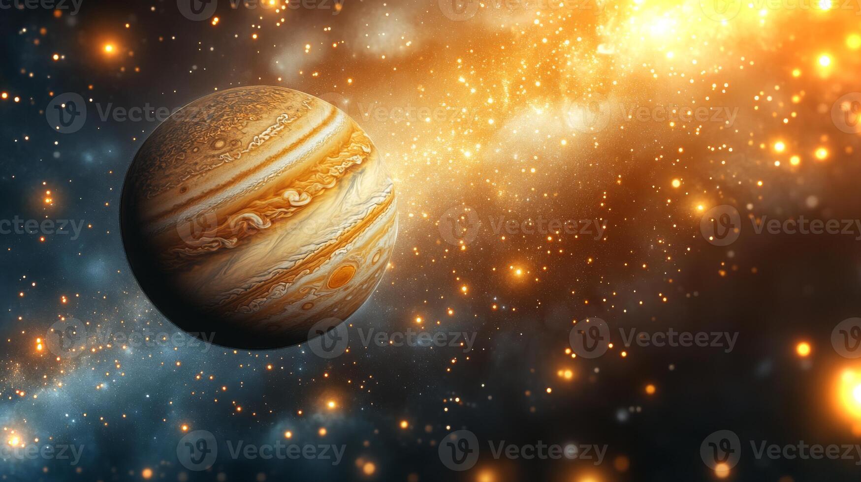 Jupiter showcases its retrograde motion against a backdrop of vibrant cosmic colors and twinkling stars, creating a captivating view in the night sky. photo