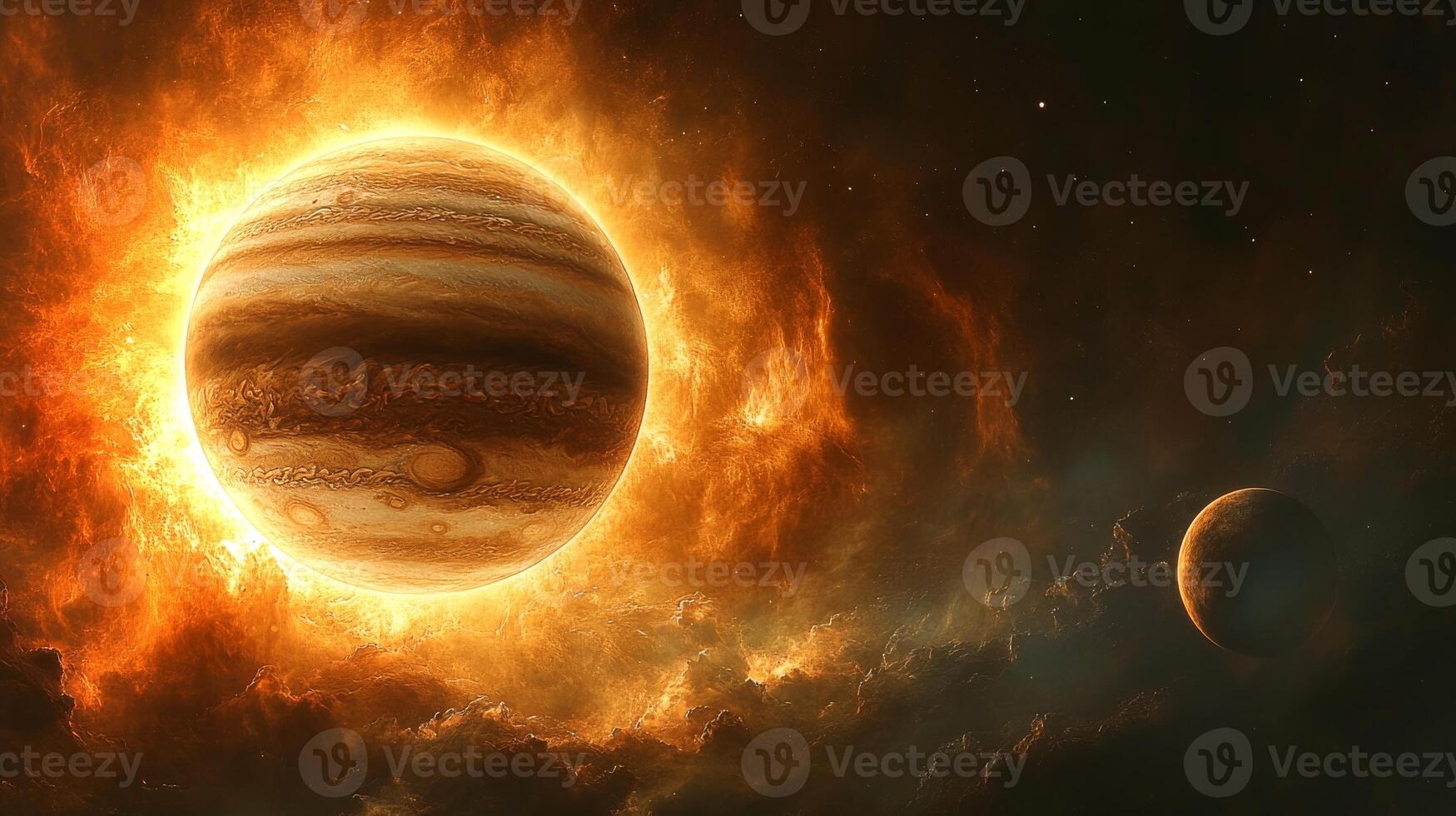See Jupiter's stunning colors and swirling clouds illuminated during a solar eclipse, set against a breathtaking cosmic backdrop. photo