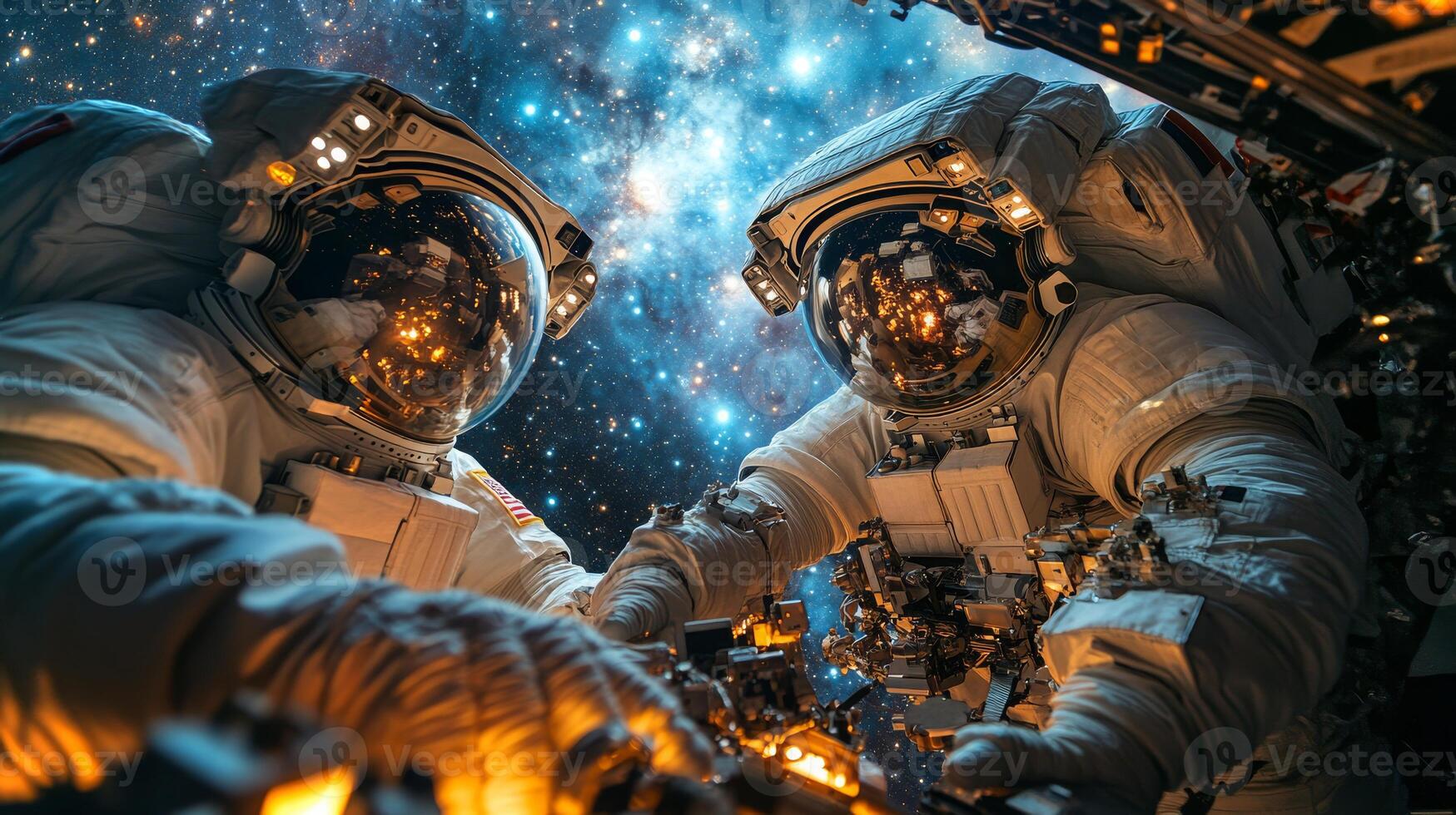 Two astronauts work together to unload scientific equipment from their spacecraft in a stunning cosmic setting filled with stars and planets. photo