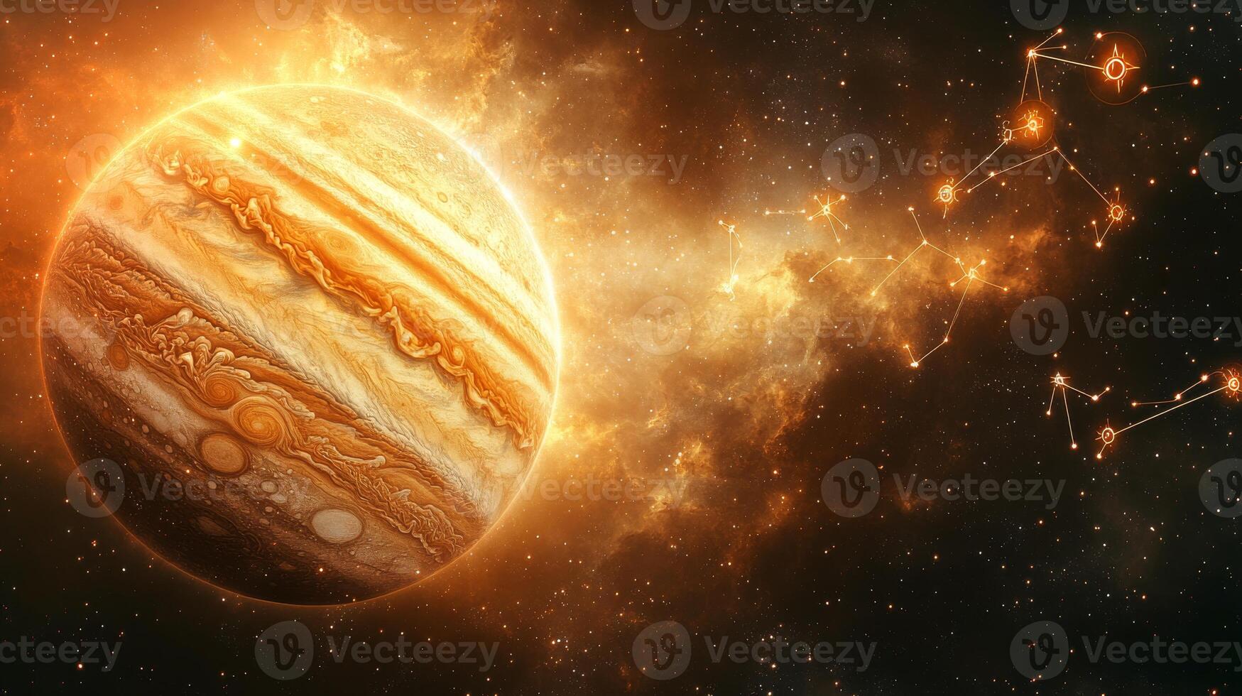 Jupiter glows in space amid bright astrological symbols, highlighting its importance in astrology during a vibrant cosmic event. photo