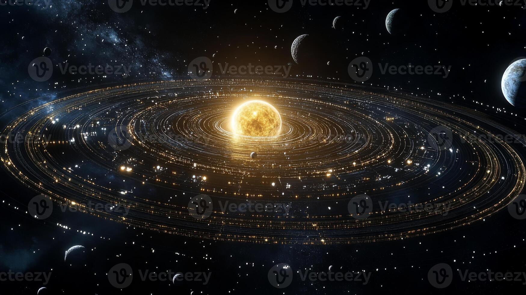 View the solar system from above, showcasing the vibrant sun at its center surrounded by planets orbiting gracefully in a vast cosmic space. photo