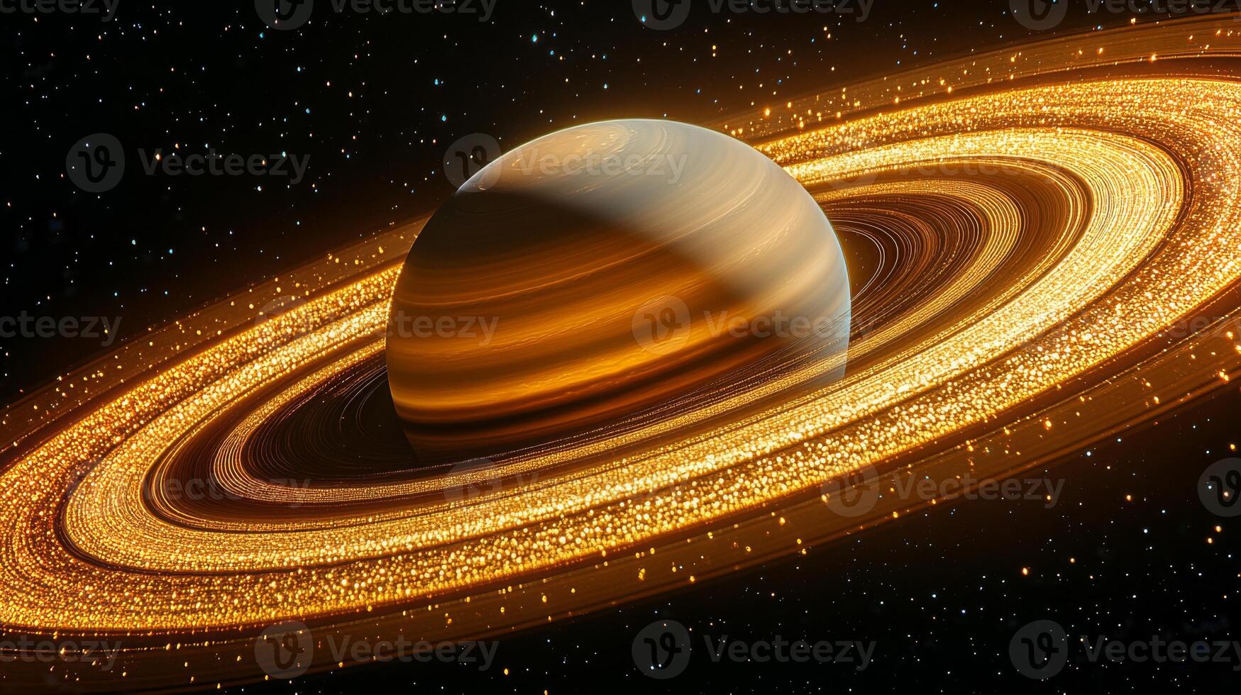 A breathtaking close-up reveals the intricate structure of Saturn's rings, showcasing their shimmering particles and stunning colors against a starry backdrop. photo