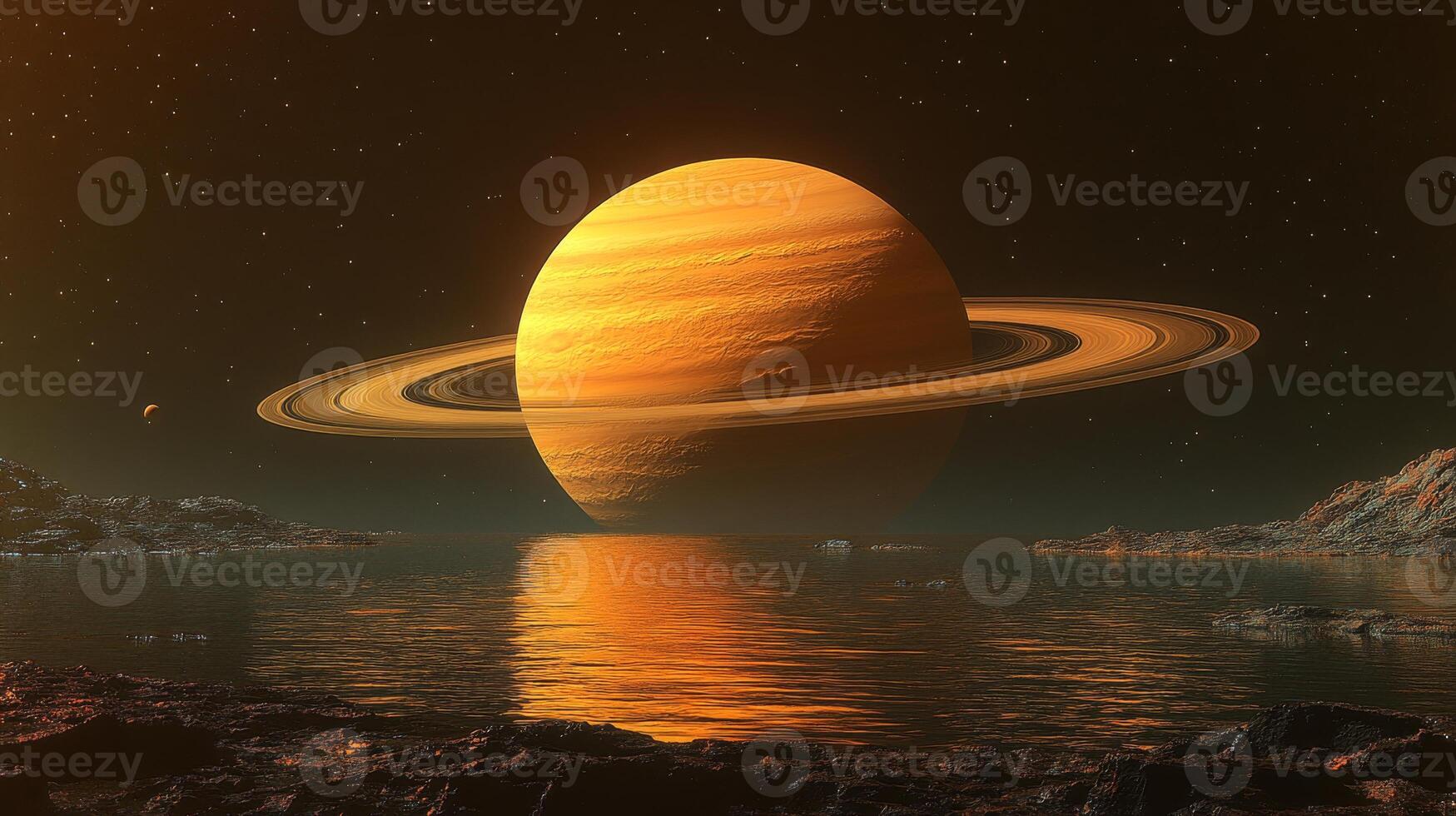 A stunning portrayal of Titan, Saturn's largest moon, featuring its thick atmosphere, reflective waters, and the captivating rings of Saturn in the twilight sky. photo
