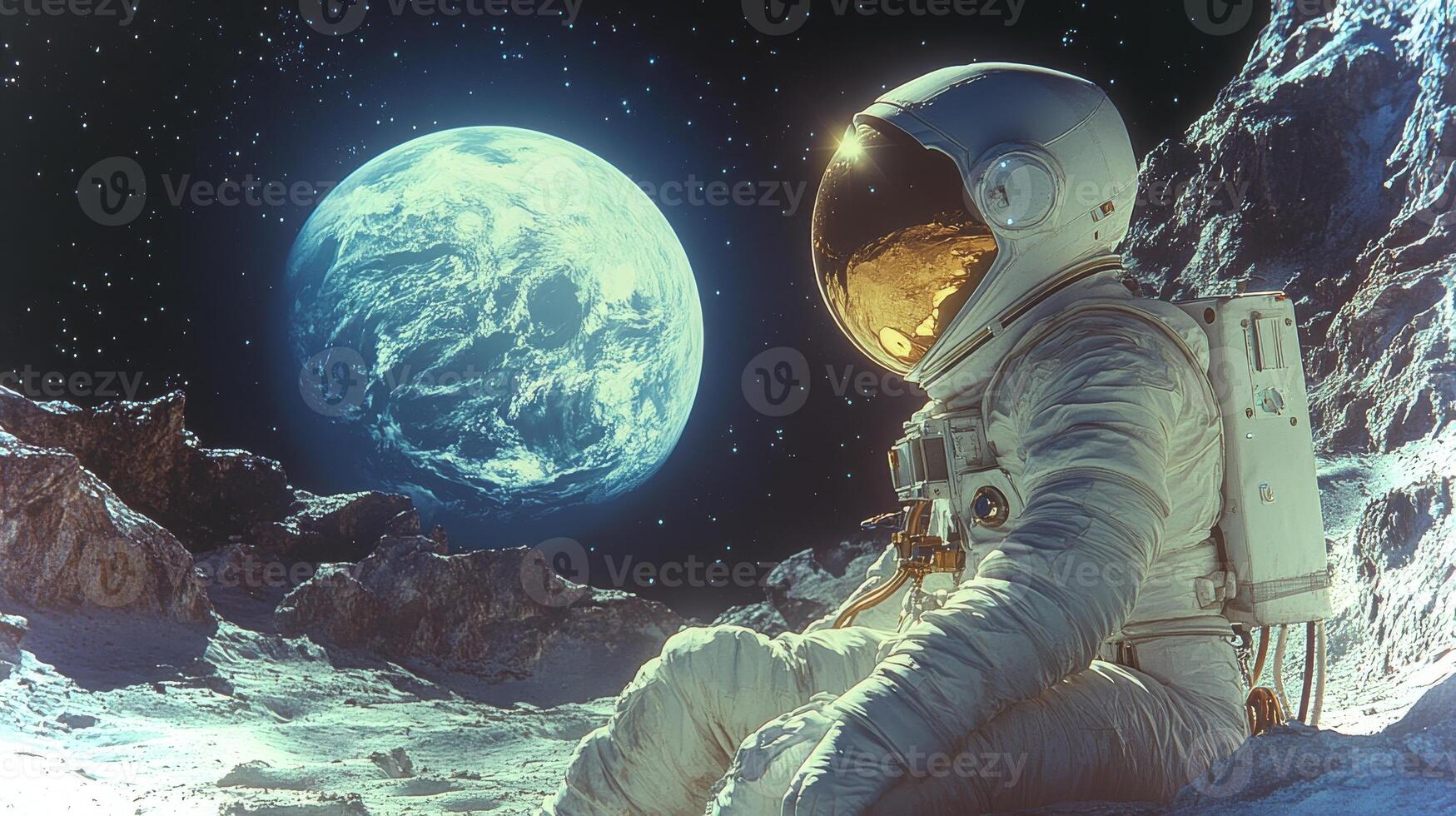 An astronaut in a spacesuit sits on the moon's surface, tethered to equipment, gazing at Earth rising in the vastness of space, creating a serene yet surreal moment. photo