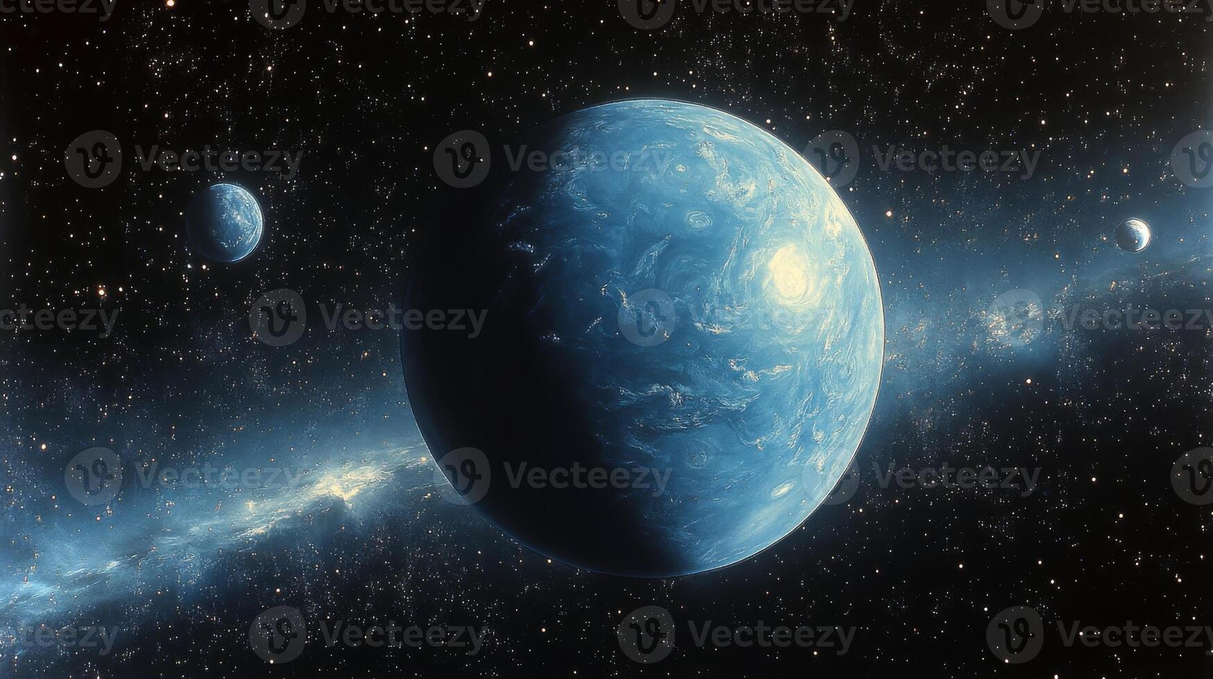 Neptune's stunning deep blue surface, surrounded by distant celestial bodies and stars, highlighting the beauty of our solar system. photo