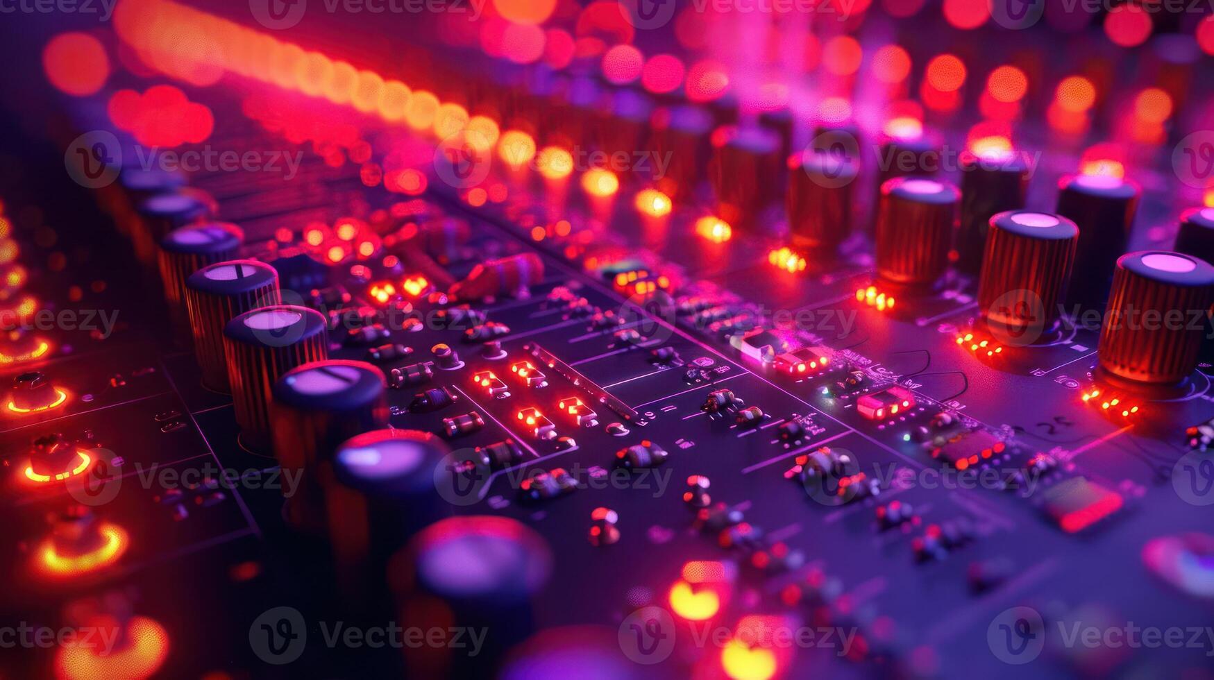 A close-up view of a digital audio mixer with glowing controls and circuitry. photo