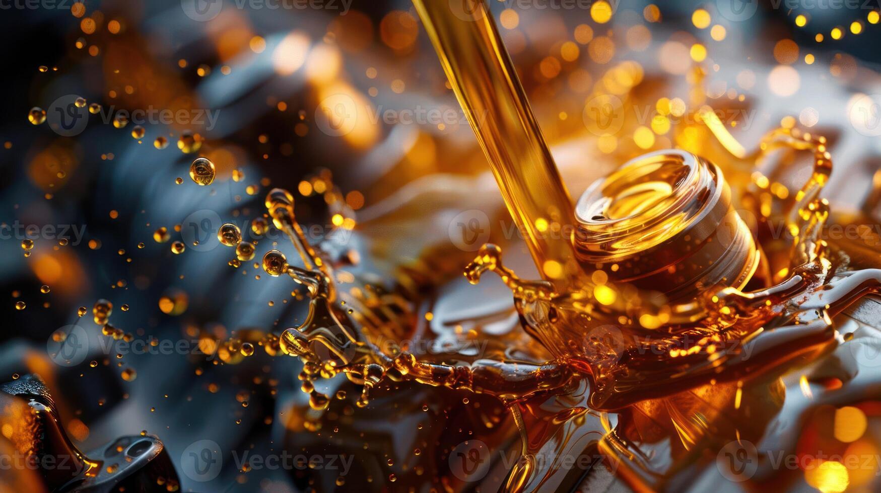 Close-up of oil being poured into a mechanical component, showcasing fluid motion and texture. photo