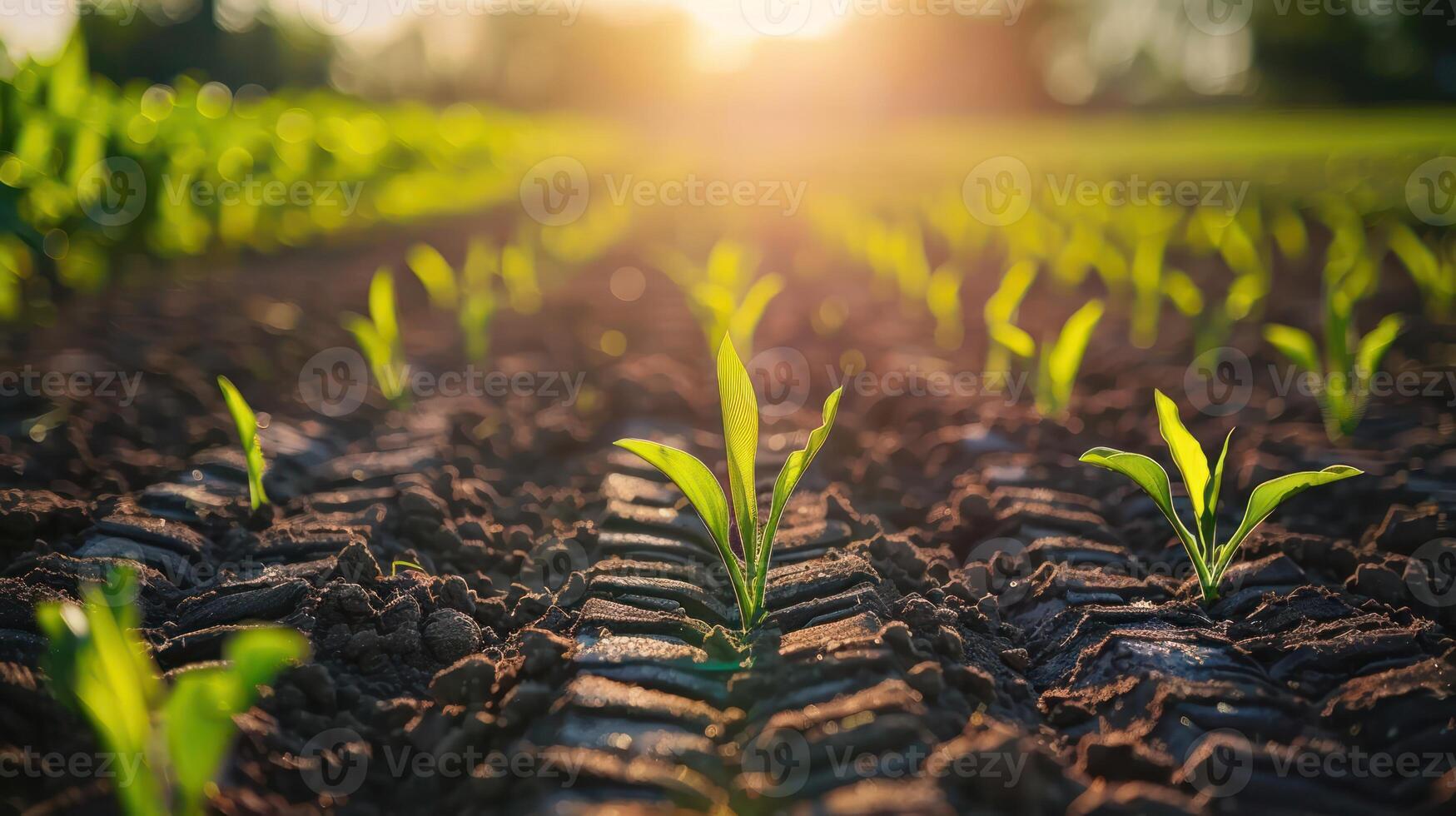 Fresh green shoots emerging from soil with tire tracks, illuminated by warm sunlight. photo