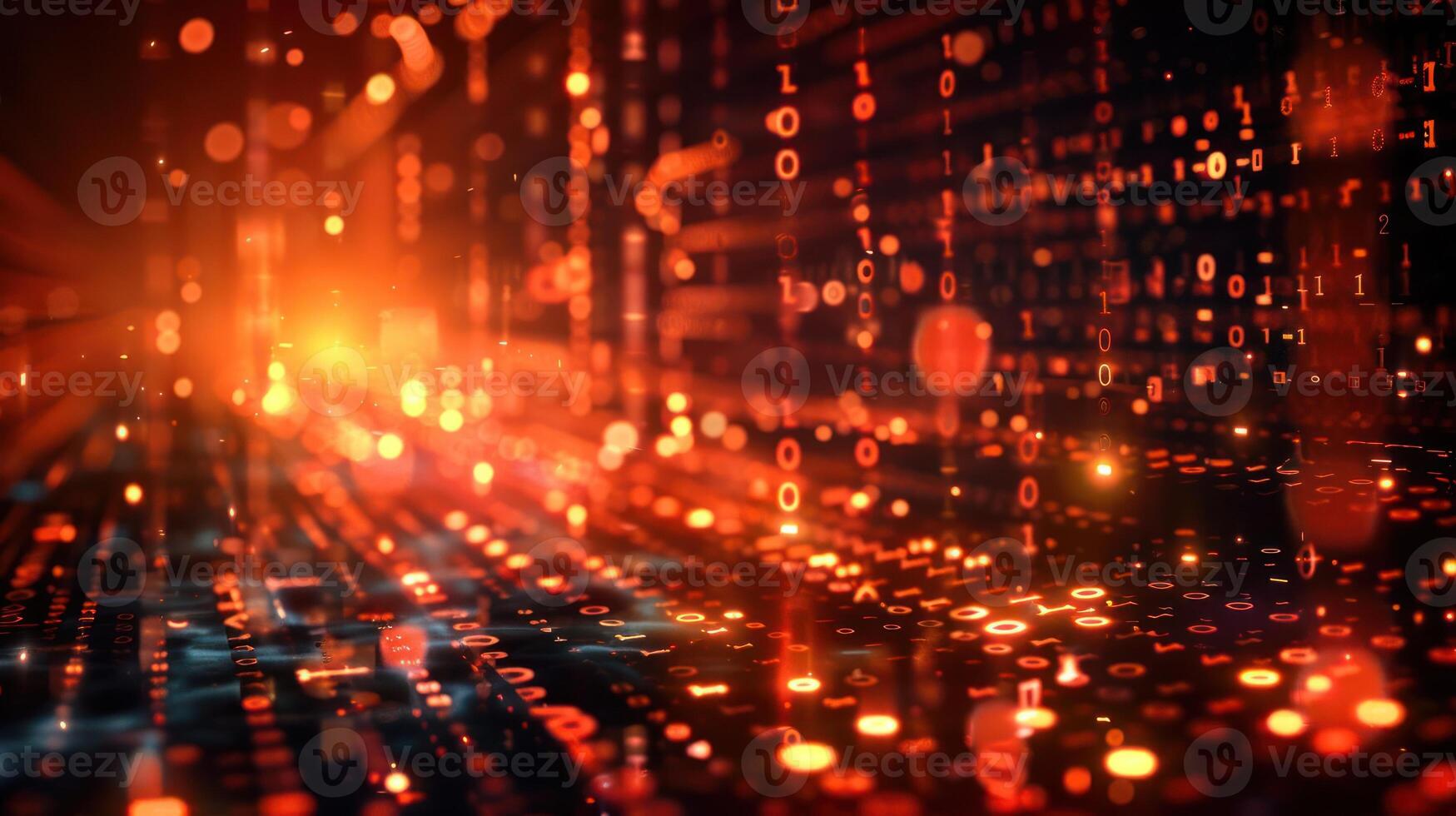 Abstract digital landscape of glowing binary code and particles. photo