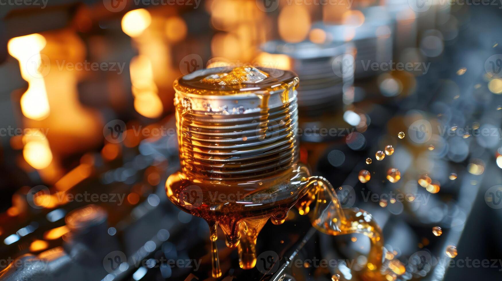 Close-up of engine components with oil dripping, showcasing industrial machinery. photo