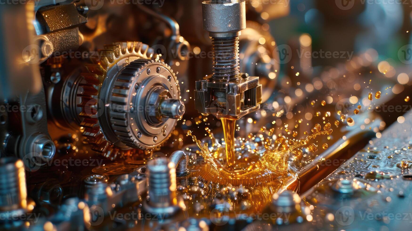 Close-up of a mechanical component with oil splashing, highlighting industrial machinery in action. photo