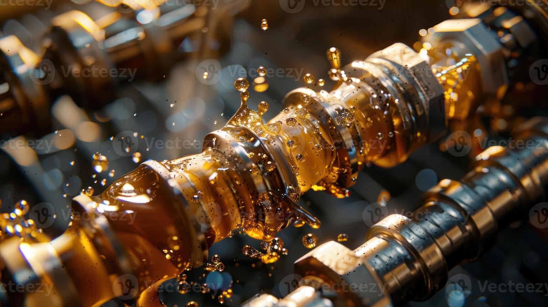 Close-up of a metallic component with oil splashes, showcasing industrial machinery in action. photo