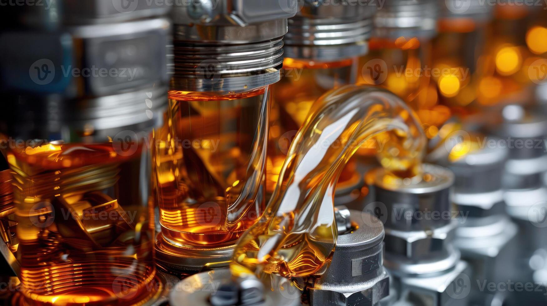 Close-up of mechanical components with amber liquid, showcasing industrial engineering. photo