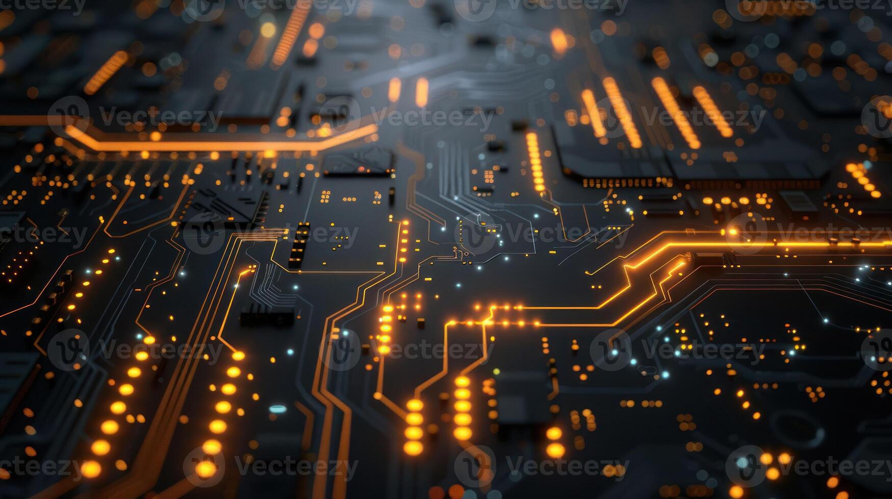 A close-up view of a circuit board with glowing components and intricate pathways. photo