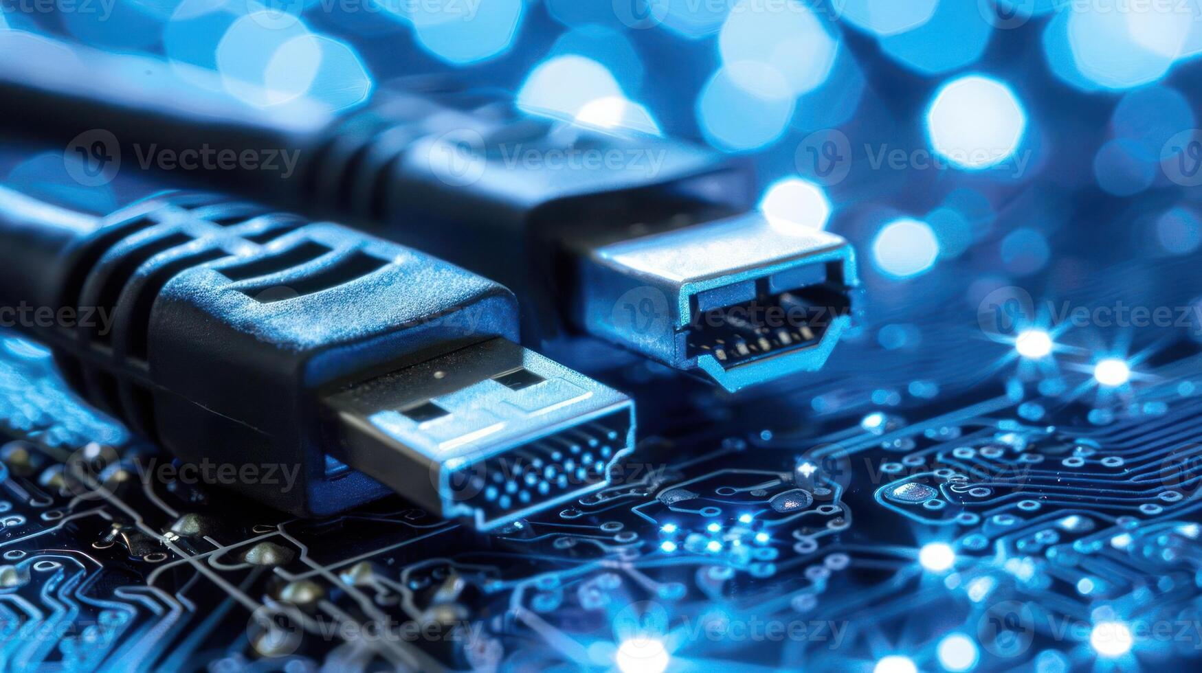 Close-up of USB cables on a circuit board background, highlighting technology and connectivity. photo