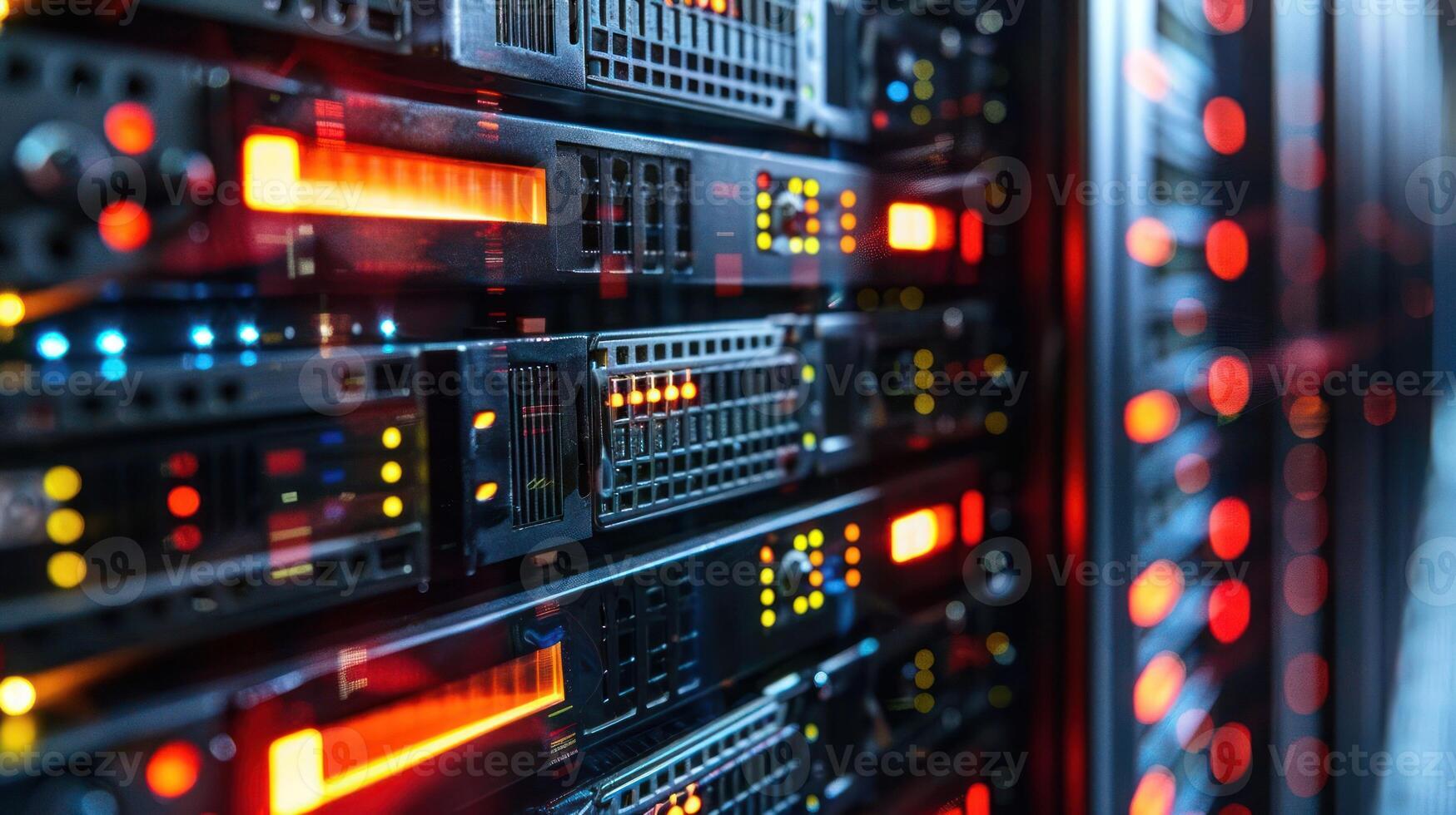 A close-up of server racks with illuminated indicators, showcasing data processing technology. photo