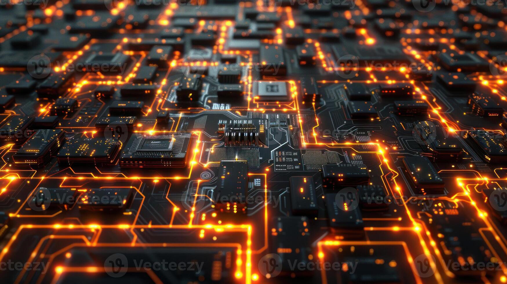 A close-up view of a circuit board with glowing connections and components. photo