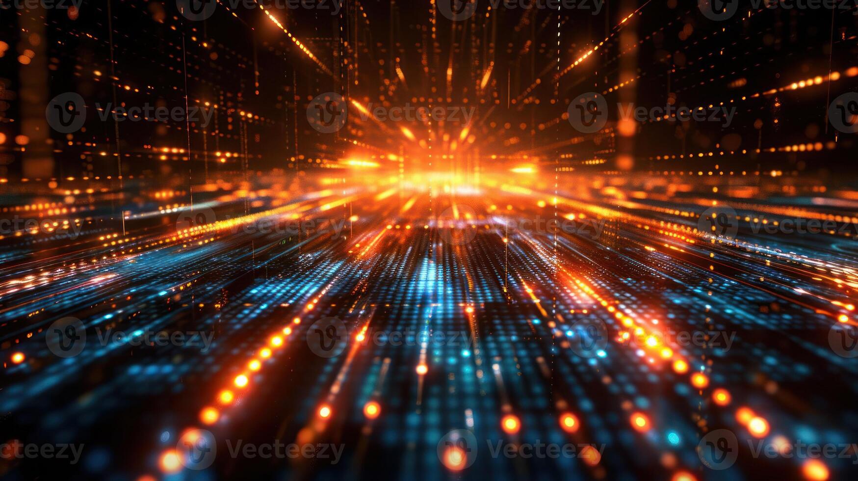 A vibrant, abstract representation of digital data flow with glowing particles and lines. photo