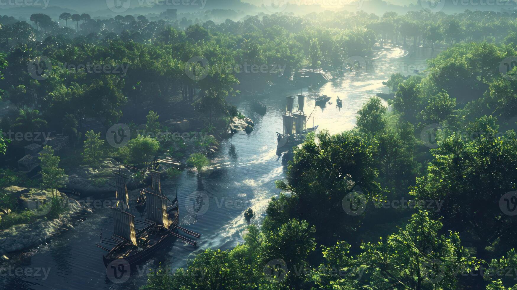 A serene river scene with ships navigating through lush greenery at sunrise. photo
