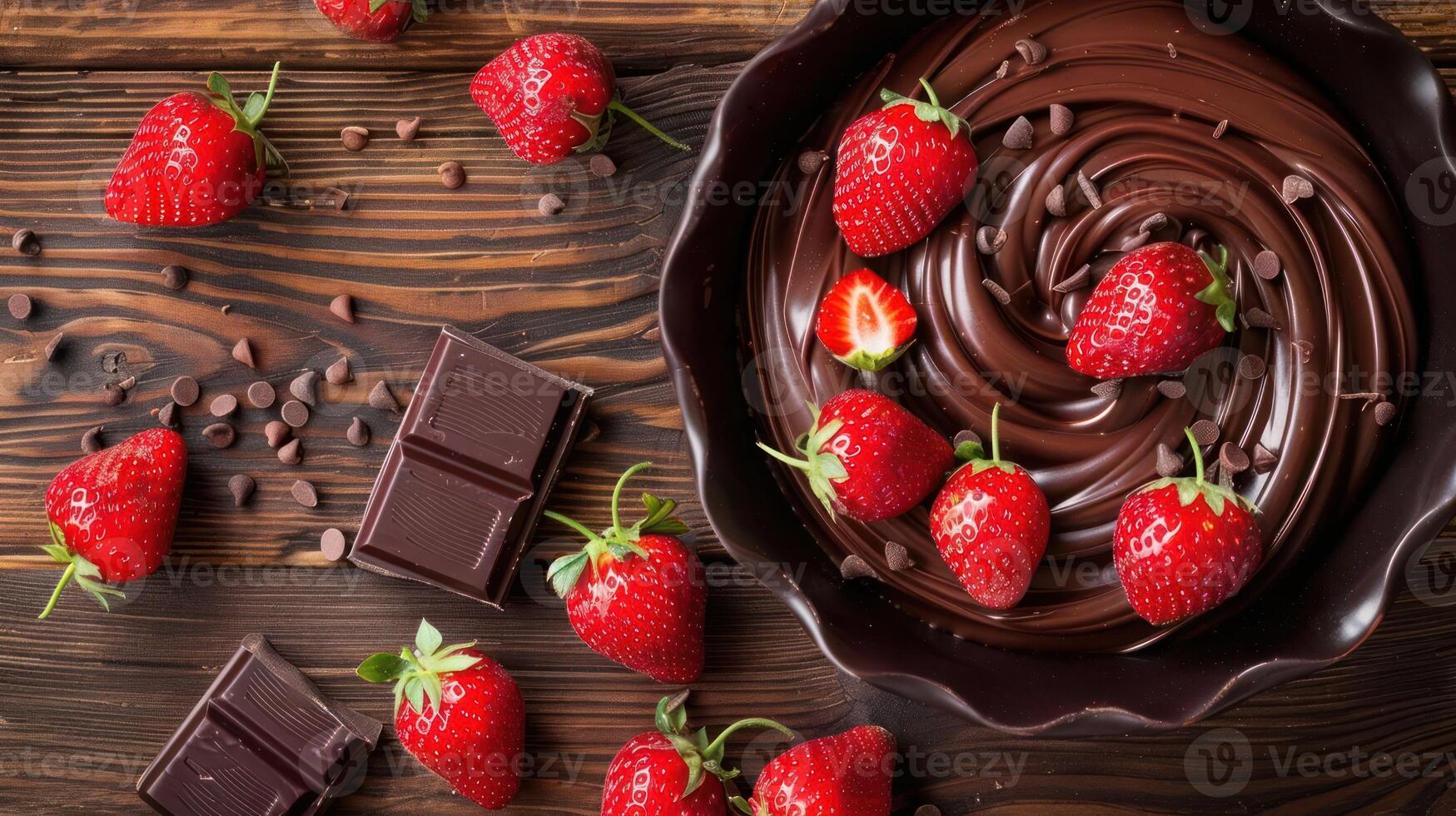 A bowl of chocolate ganache topped with fresh strawberries and chocolate pieces on a wooden table. photo