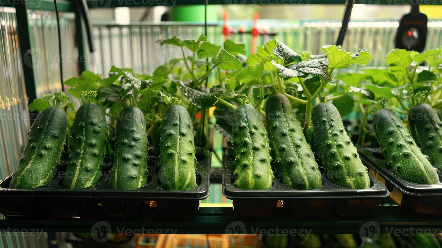 Fresh cucumbers growing in a hydroponic setup. photo