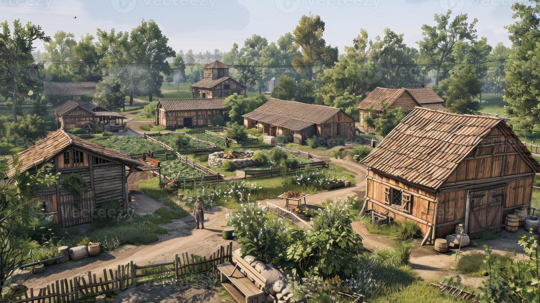 A serene village scene with wooden houses, gardens, and lush greenery. photo