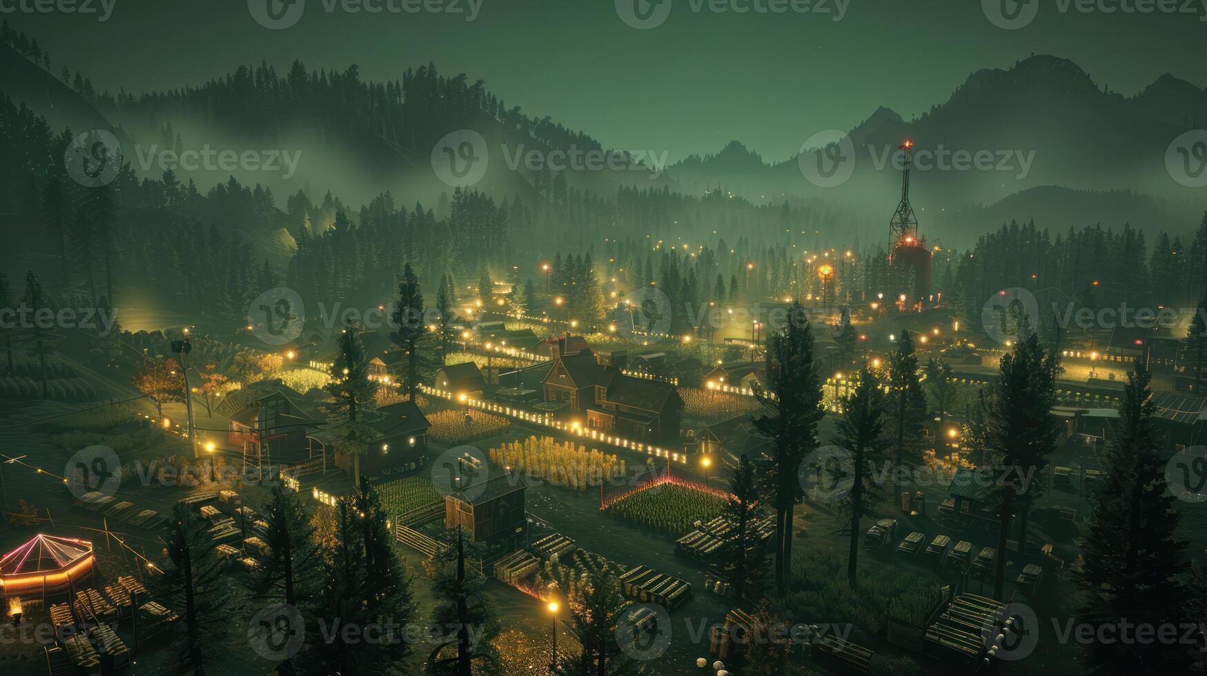 A nighttime view of a small town surrounded by mountains, illuminated with vibrant lights. photo