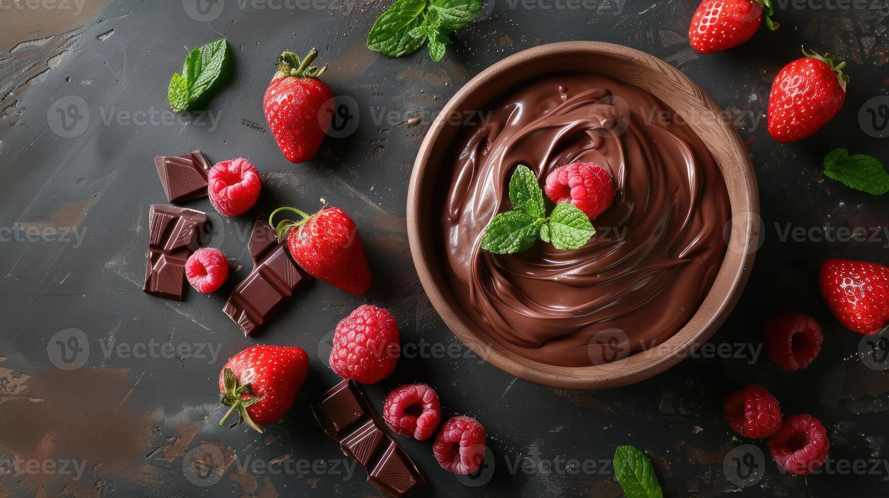 A bowl of chocolate dip surrounded by strawberries and raspberries, garnished with mint. photo