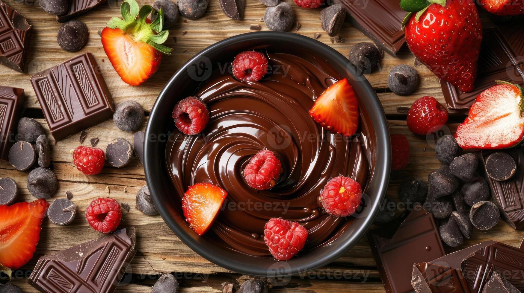 A bowl of chocolate dip surrounded by fresh strawberries, raspberries, and chocolate pieces. photo