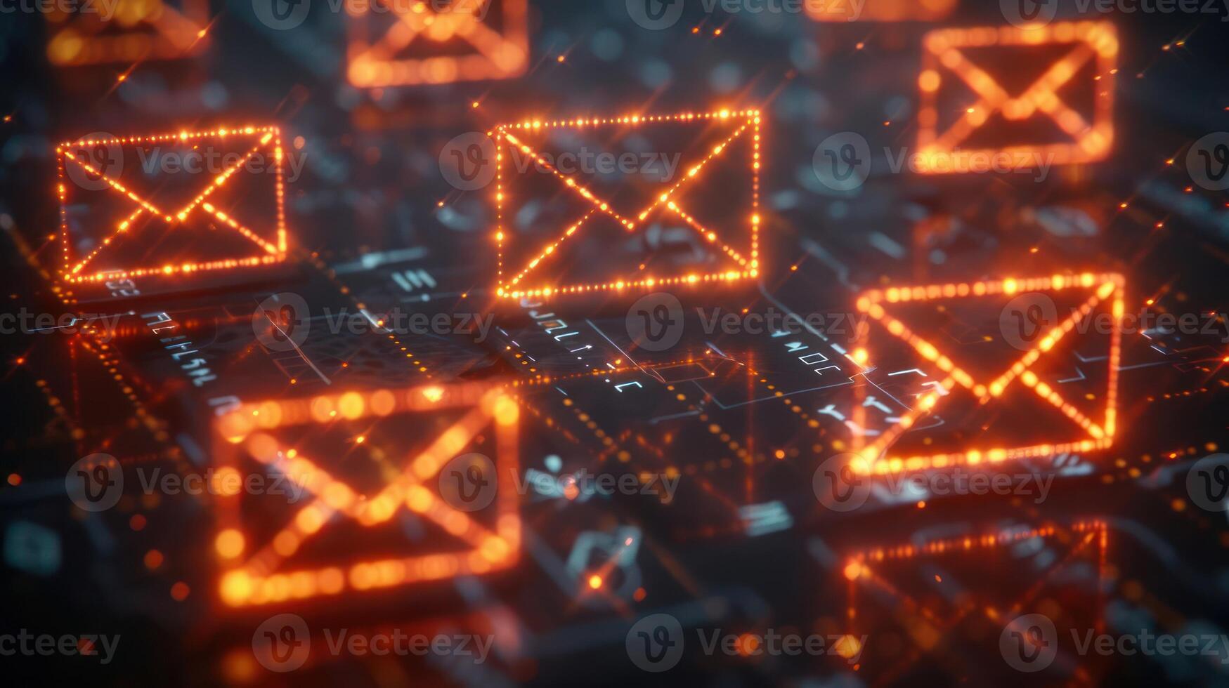 Digital representation of email communication with glowing envelope icons on a keyboard. photo