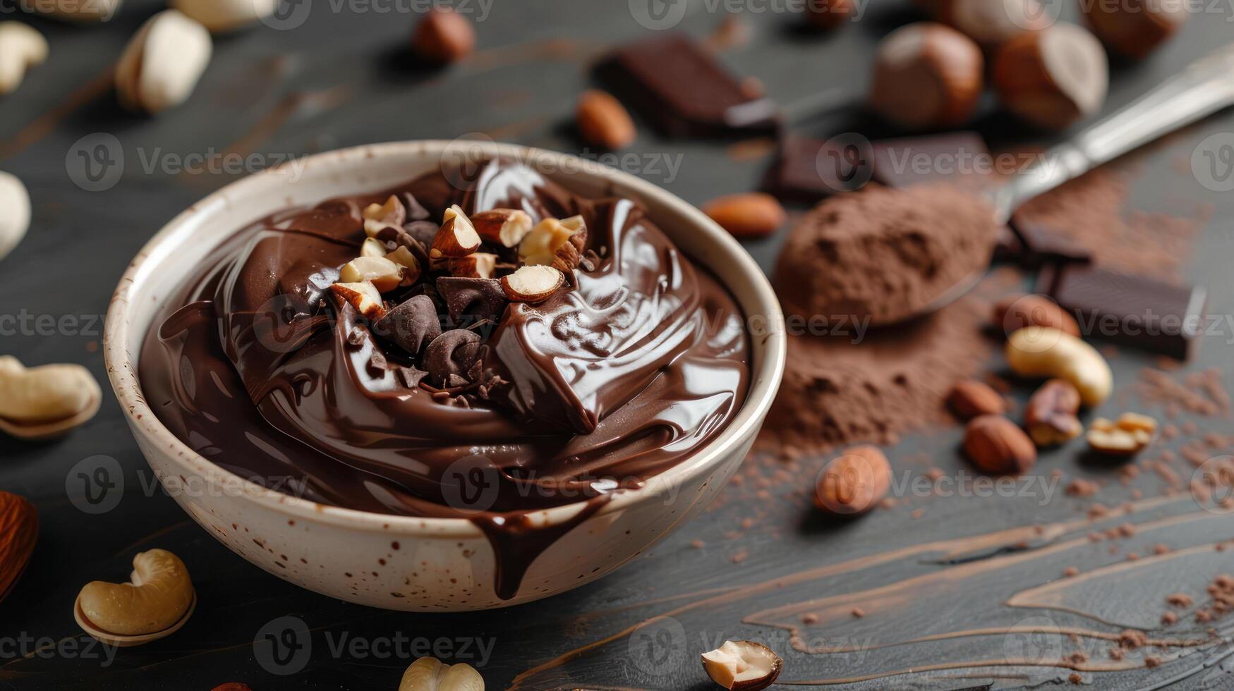A rich chocolate dessert with nuts and cocoa powder, perfect for indulgence. photo