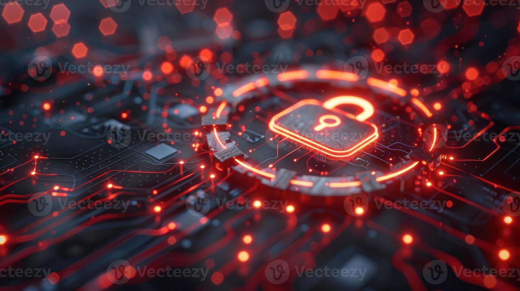 A digital lock symbol on a circuit board background, representing cybersecurity. photo