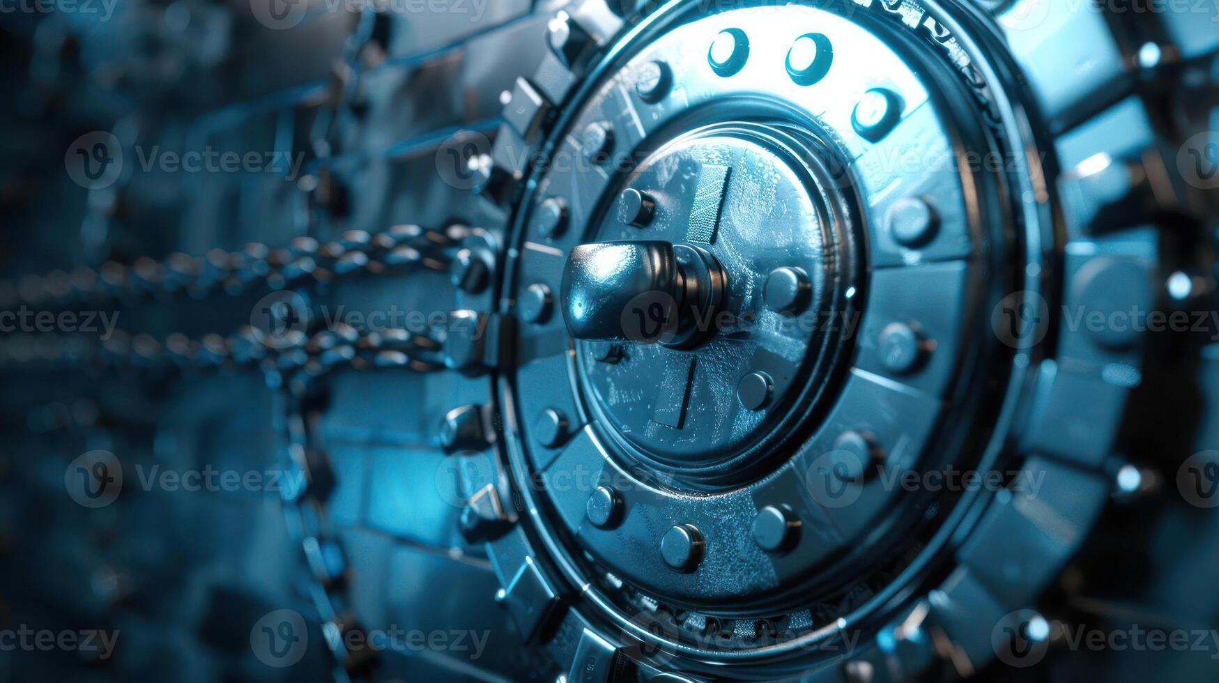A close-up of a metallic vault door with intricate details and a blue lighting effect. photo