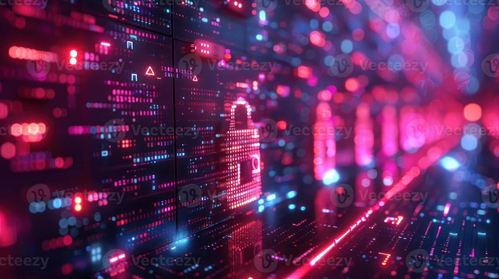 A digital representation of cybersecurity with glowing locks and data streams. photo