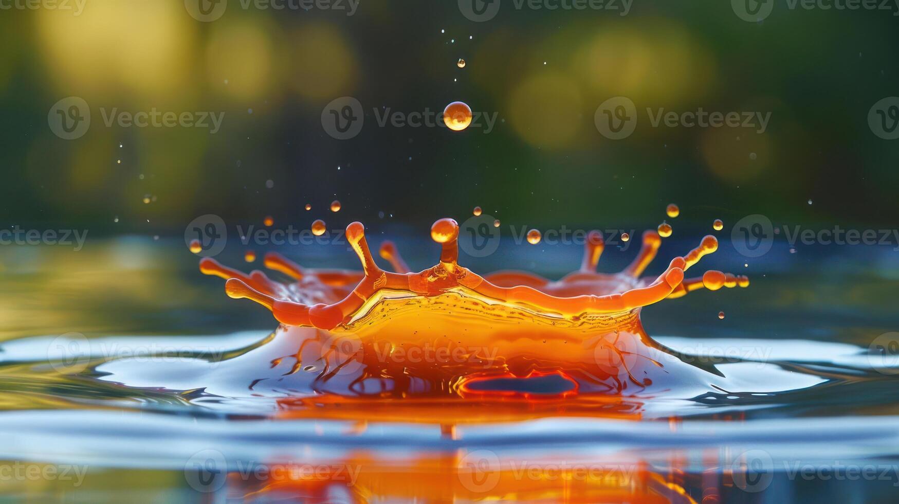 A vibrant splash of orange liquid creates a striking visual in a serene water setting. photo