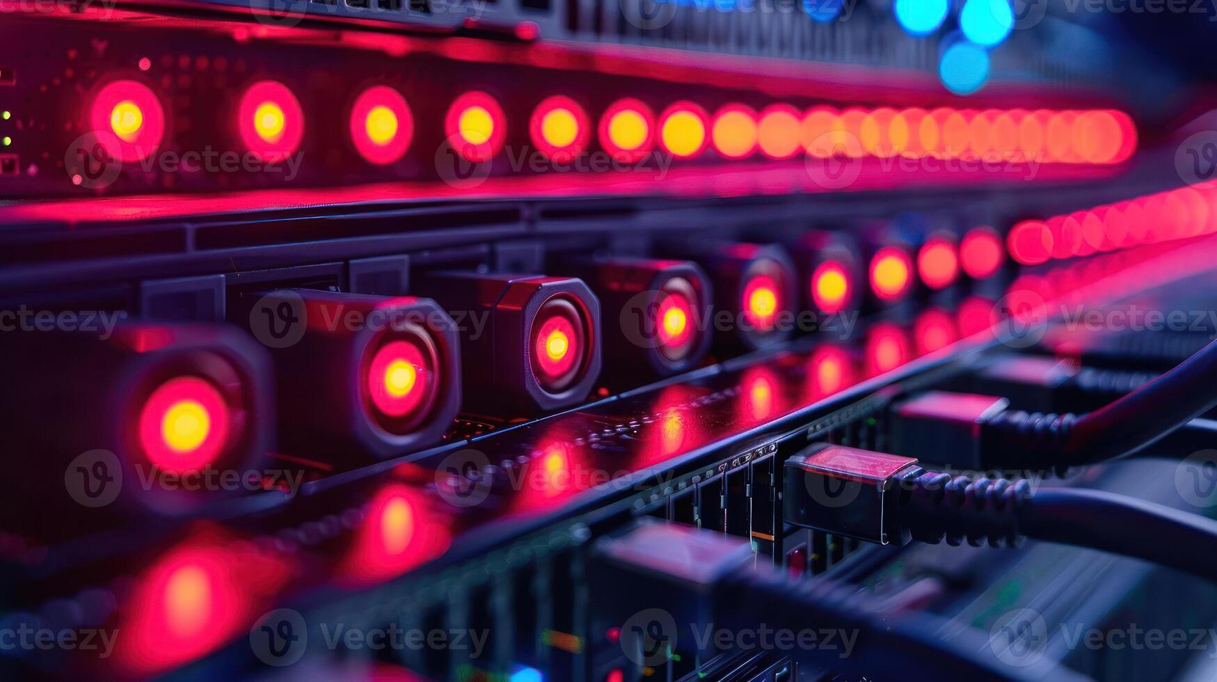 A close-up view of illuminated server equipment with red lights and connected cables. photo