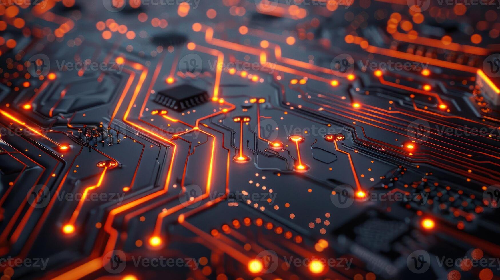 A close-up view of a circuit board with glowing orange traces and components. photo