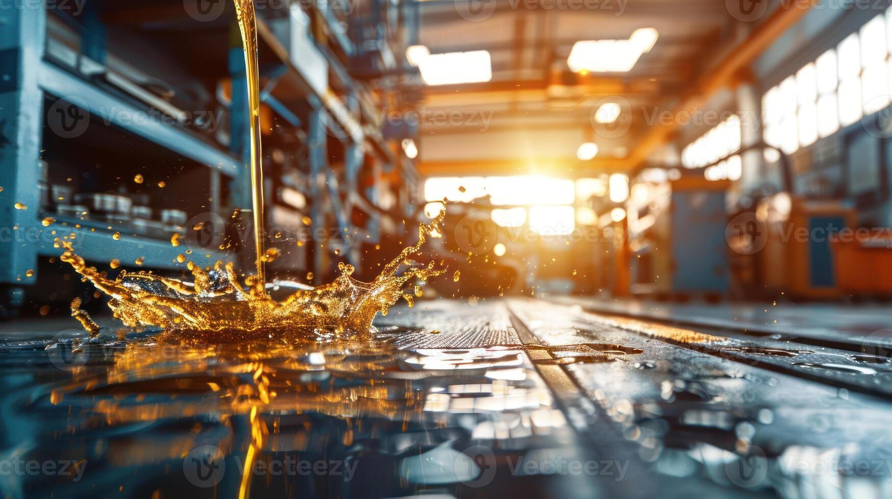 A splash of liquid on a workshop floor, illuminated by warm sunlight. photo