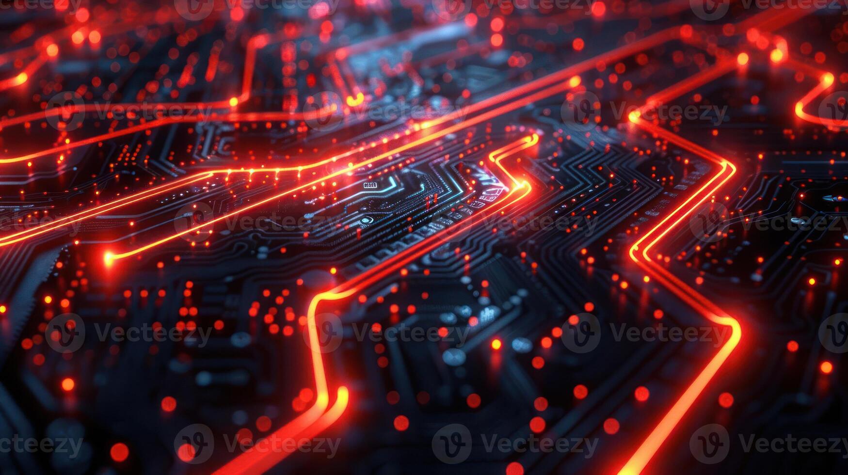 A close-up view of a circuit board with glowing lines and lights, representing technology. photo
