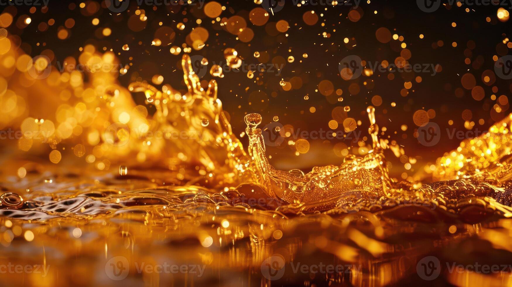 A close-up of splashing golden liquid creating dynamic patterns and bokeh effects. photo