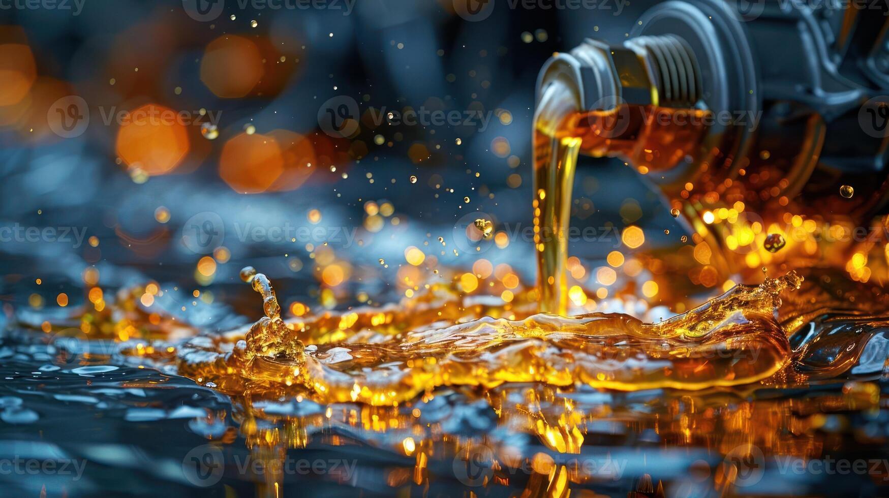 Liquid flowing from a nozzle, creating splashes and reflections in a dynamic scene. photo