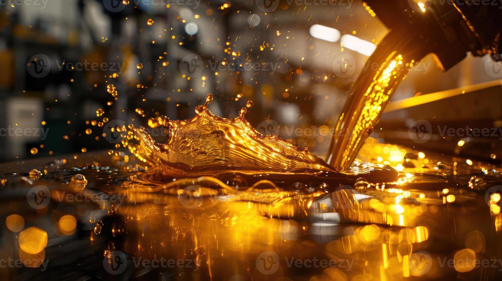 A close-up of liquid pouring, creating splashes with a warm golden hue. photo